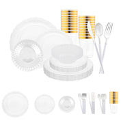 Clear Vintage Disposable Plastic Tableware Set with silver flatware delivers understated elegance for any stylish celebration
