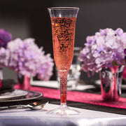 Clear disposable champagne flutes, 5 oz., single-use and stylish, ideal for weddings, corporate events, and cocktail parties