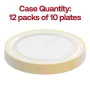Clear disposable dinner plate with 10.25" diameter and stylish metallic gold edge
