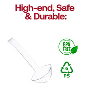 Clear disposable ladle in use at a party buffet, suitable for all occasions and event types