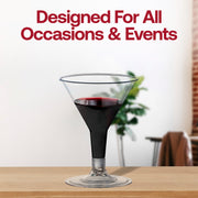 Clear disposable mini martini shot glasses, 2 oz., made of durable plastic for single-use convenience at gatherings and catered events