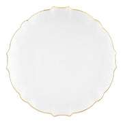 Clear disposable plastic appetizer plates featuring a gold lotus-style rim