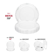 Clear disposable plastic appetizer plates with an elegant silver vintage rim, 7.5-inch size