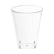 Clear disposable plastic cups with a modern square bottom, 7 oz capacity, perfect for events and gatherings