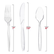Clear disposable plastic cutlery set, includes 1,000 forks (7"), knives (7.5"), and spoons (6") for large events