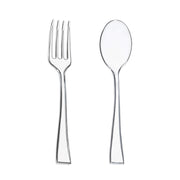 Clear disposable plastic mini flatware set in a 960-count case, each piece measuring 4", perfect for appetizers, desserts, and tastings