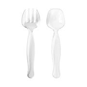Clear disposable plastic serving flatware set in a 150-count case, each piece measuring 9.75", perfect for events and gatherings