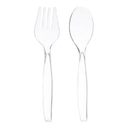 Clear disposable plastic serving flatware set in a 150-count case, each piece measuring 9.75", perfect for events and gatherings