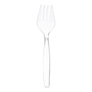 Clear disposable plastic serving fork, 9.75 inches long, ideal for buffets and catering, sold in a case of 150.