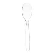 Clear disposable plastic serving spoon, 9.75 inches long, ideal for parties and catering, sold in a case of 150.