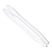Clear disposable plastic serving tongs, ideal for buffets, catering, and versatile food service