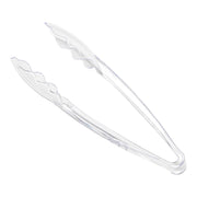 Clear disposable plastic serving tongs, perfect for serving salads, desserts, and more at any event