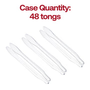 Clear disposable serving tongs measuring 12 inches long, designed for secure and hygienic food service