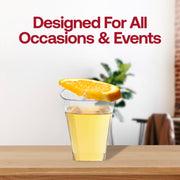 Clear disposable square shot glasses, 2 oz., made of durable plastic for single-use convenience at catered events and gatherings