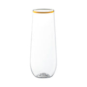 Clear disposable stemless plastic champagne flutes with gold accents, 9-ounce size, perfect for toasts and parties