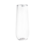 Clear disposable stemless plastic champagne flutes with silver accents, 9-ounce size