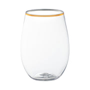 Clear disposable stemless plastic wine glasses with gold accents, 16-ounce size