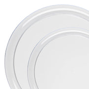 Clear flat round disposable plastic dinnerware set with 10” dinner plates and 8.5” salad plates, case of 120 each