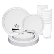 Clear flat round disposable plastic wedding value set including plates and cups, perfect for events and gatherings.