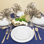 Clear floral round disposable plastic buffet plates, 9-inch diameter.