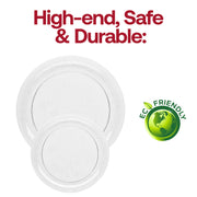 Clear floral round disposable plastic pastry plates, 6.25-inch size, pack of 240, ideal for desserts and pastries.