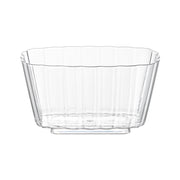 Clear fluted rectangular disposable plastic pudding cups, 3.5" x 3.5" dimensions, 5.5 oz capacity, 288 cups per case.
