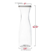 Clear large disposable plastic wine carafes with lids in a 12-pack, each holding 35 oz, measuring 3” x 10.75”, perfect for serving drinks