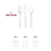 Clear medium heavy weight cutlery set displayed with component SKUs 320F-CL forks, 320S-CL teaspoons, and 320K-CL knives for easy reordering.
