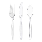 Clear medium heavy weight disposable plastic cutlery set with forks, teaspoons, and knives, complete single-use flatware service for 100 guests.
