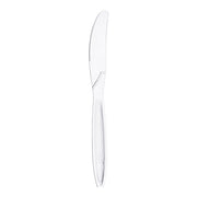 Clear medium heavy weight disposable plastic dinner knives, professional-grade single-use flatware for catering, parties, and everyday food service.
