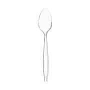 Clear medium heavy weight disposable plastic teaspoons, professional-grade single-use flatware for catering, parties, and everyday food service.

