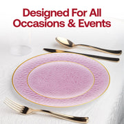 Clear pink appetizer plates with a luxurious gold rim and hammered finish, 7.5 inches wide, ideal for parties, pack of 120