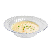 Clear plastic 5 oz. bowls with a decorative flared edge, 5 inches across, disposable and suitable for formal or casual events