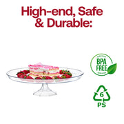 Clear plastic cake stand with a strawberry-topped cake featured at a formal celebration, perfect for all occasions