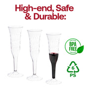 Clear plastic champagne flutes, BPA-free and food-safe, 5 oz. capacity, perfect for serving bubbly at celebrations and special events