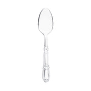 Clear plastic dinner spoons with intricate Baroque detailing, disposable and sold in a bulk case of 480