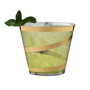 Clear plastic disposable cups with an intricate gold swirl design, 9 oz size, round shape