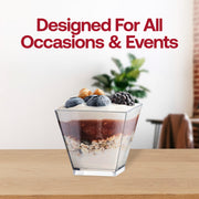 Clear plastic disposable mini verrine cube cups, 2 oz capacity, 2" x 2", ideal for serving mini desserts, parfaits, or samples, 240 cups per case.