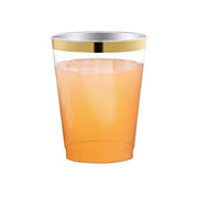 Clear plastic disposable tumblers with a sleek metallic gold rim, 12 oz size, round shape