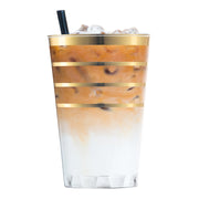 Clear plastic disposable tumblers with an intricate gold stripe design, 12 oz size, round shape, ideal for stylish events