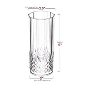 Clear plastic high ball glass with intricate crystal-cut design, 14-ounce capacity, 3-inch diameter, 6 inches tall