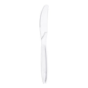 Clear plastic knives with a polished design, ideal for fancy table settings, catered events, and upscale dining