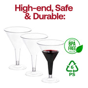 Clear plastic martini glasses, BPA-free and food-safe, 6 oz. capacity, perfect for serving cocktails, desserts, and elegant drinks