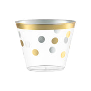 Clear plastic party cups with a chic gold dot design, 9 oz capacity, round shape