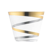 Clear plastic party cups with an elegant gold swirl design, 9 oz capacity, round shape, and disposable convenience