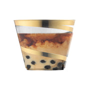 Clear plastic party cups with gold swirl accents, 9 oz size, round shape, and disposable for easy cleanup