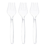 Clear plastic serving fork, 9.75 inches, durable and disposable, perfect for buffets and parties, case of 150.