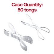 Clear plastic serving tongs measuring 11.25 inches long, featuring a scissor-style design for effortless serving