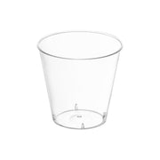 Clear plastic shot glasses with a 1 oz capacity, perfect for serving spirits, samples, and desserts