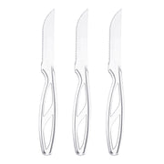 Clear plastic steak knives, 8.5 inches long, designed for effortless cutting and easy disposal